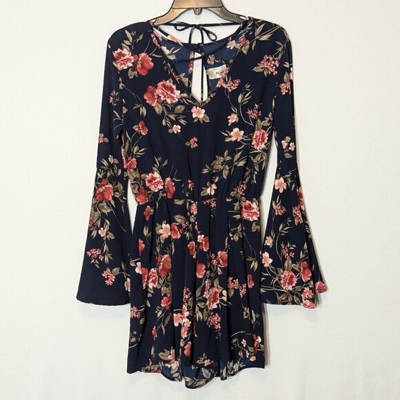 KAFE, Navy/Pink Chiffon, Long Bell Sleeve, Short Romper; Size L - Picture 1 of 6